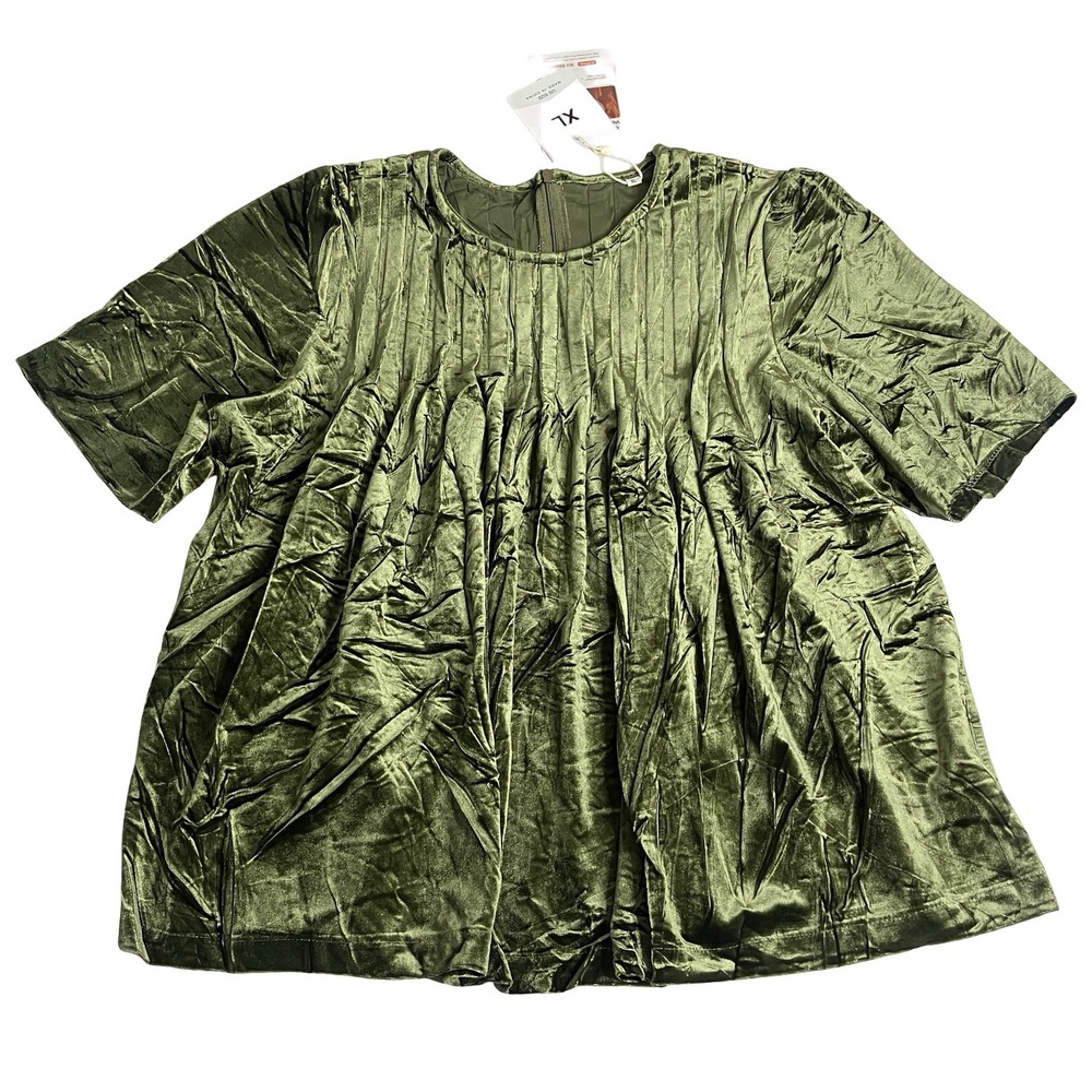 Velvet Pleated Babydoll Top Womens XL Green Short Sleeve Holiday Casual Blouse